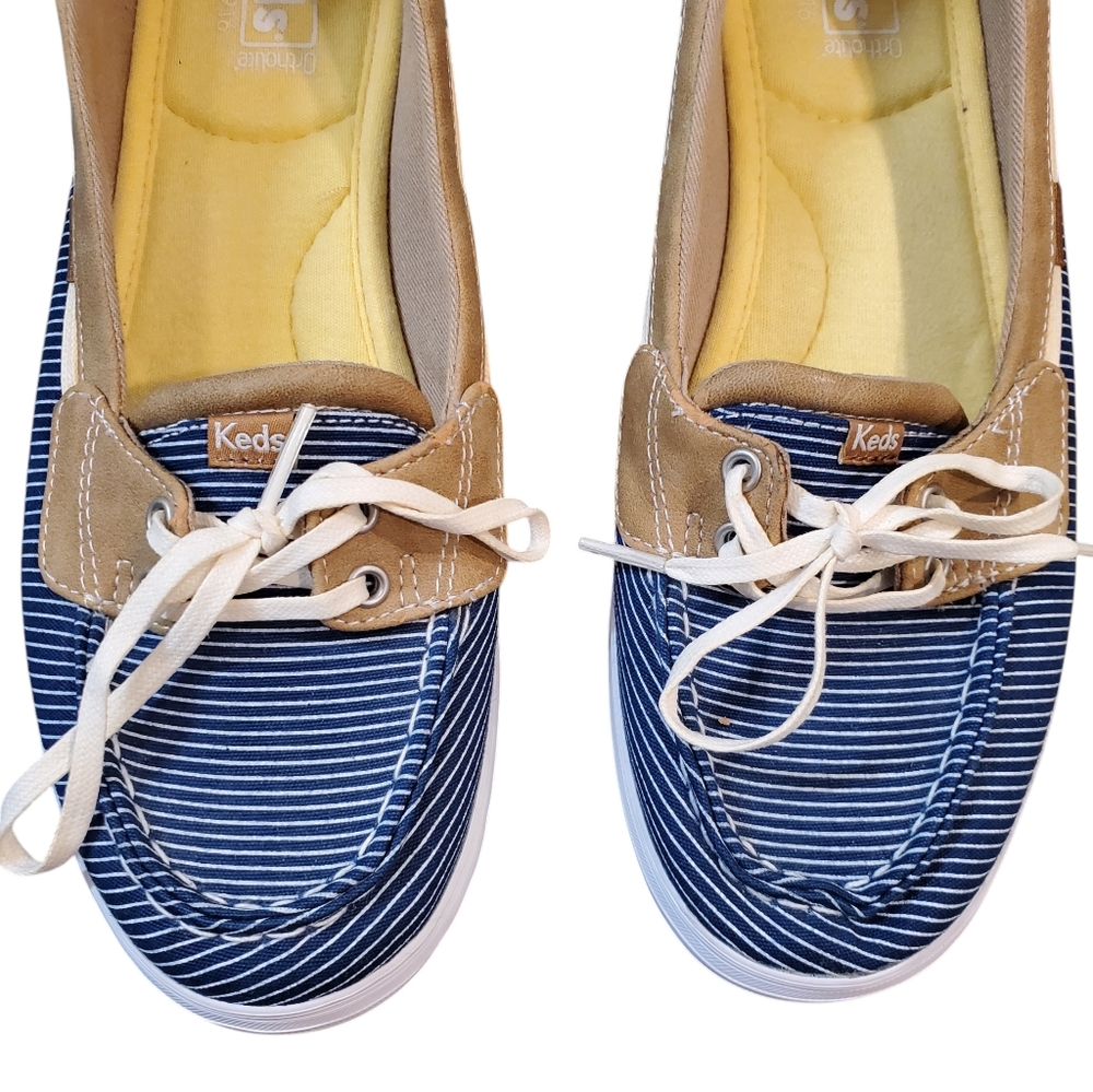 Keds Ortholite Navy White Tan Striped Loafers Shoes Laces Size 8.5 - Picture 3 of 12